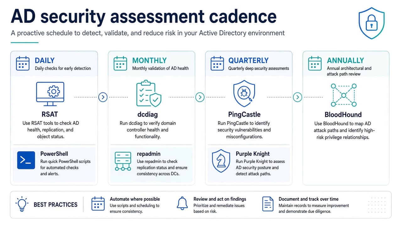 Active Directory security assessment cadence — daily admin, monthly replication checks, quarterly scanners, annual attack-path review
