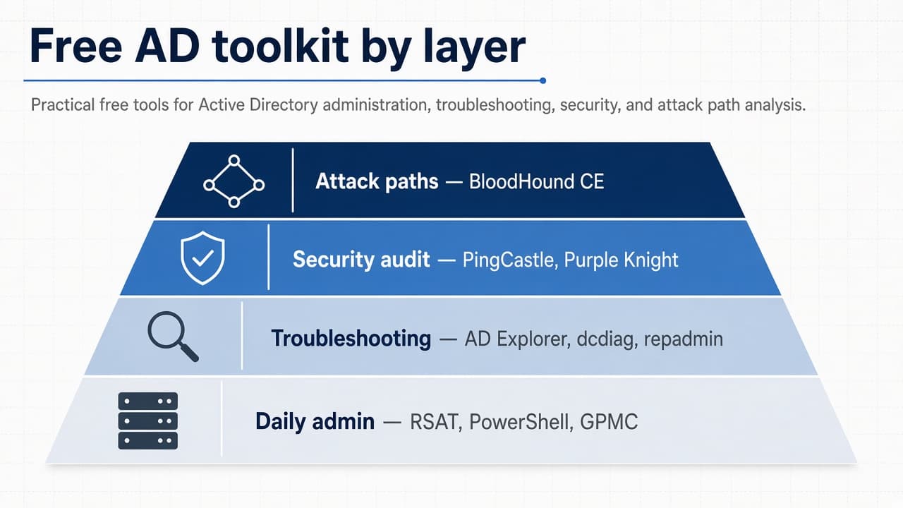 Free Active Directory toolkit stacked by layer — daily admin, troubleshooting, security audit, and attack-path analysis