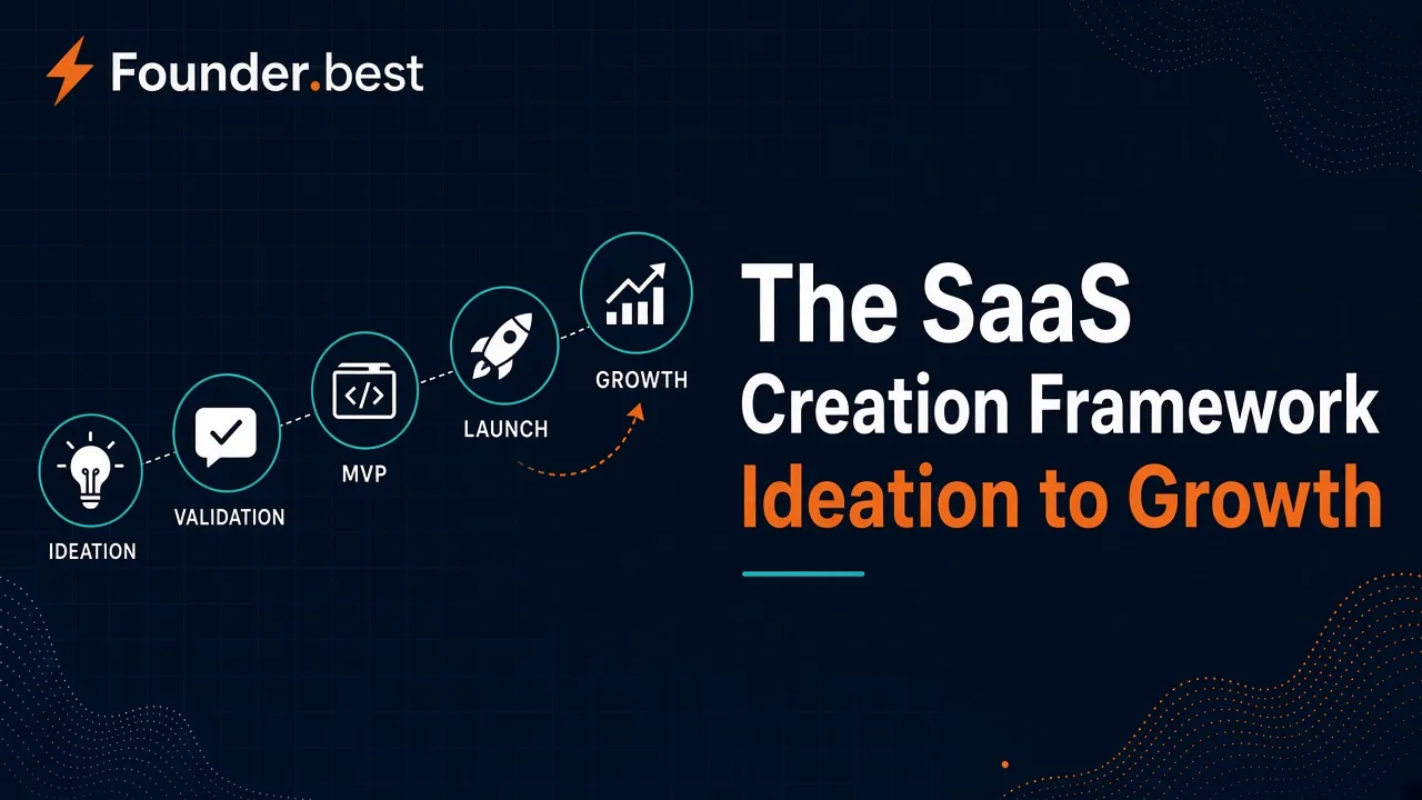 The SaaS creation framework - five stages from ideation, validation, MVP, and launch to growth, with a feedback loop