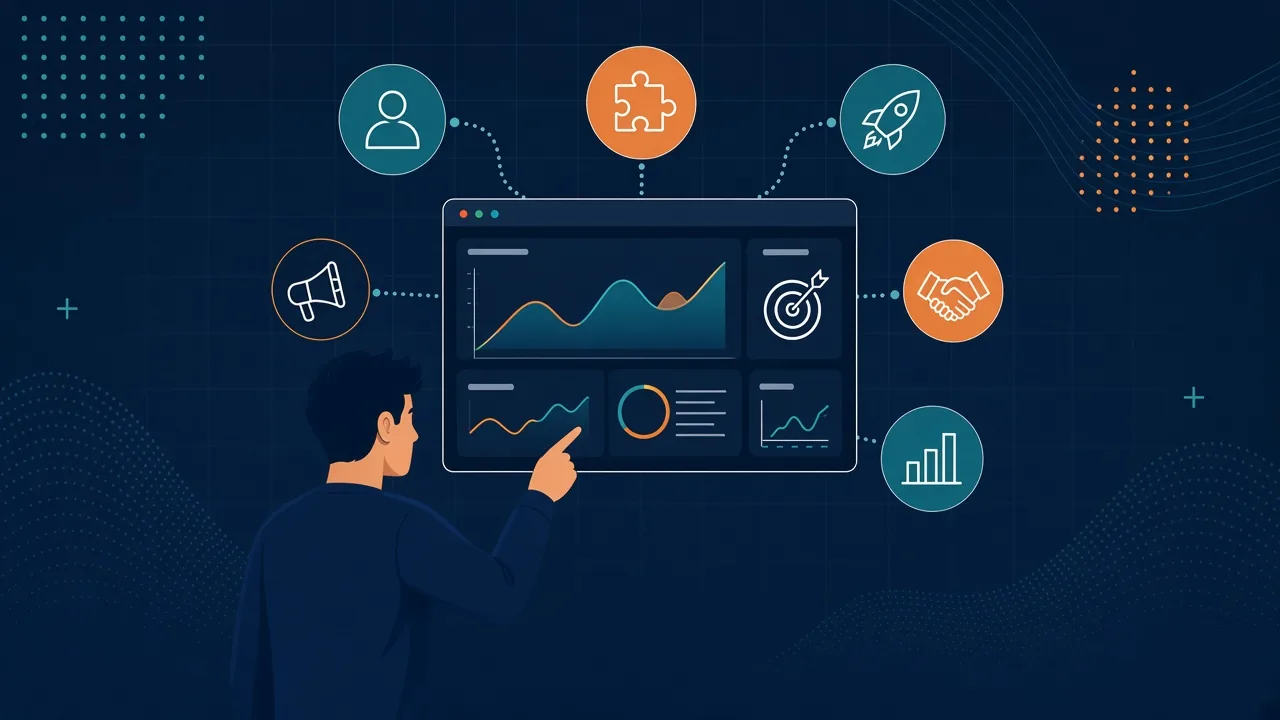 B2B SaaS product marketing in 2026 - product marketer connecting buyer personas, positioning, launch, sales enablement, and adoption metrics on a SaaS dashboard