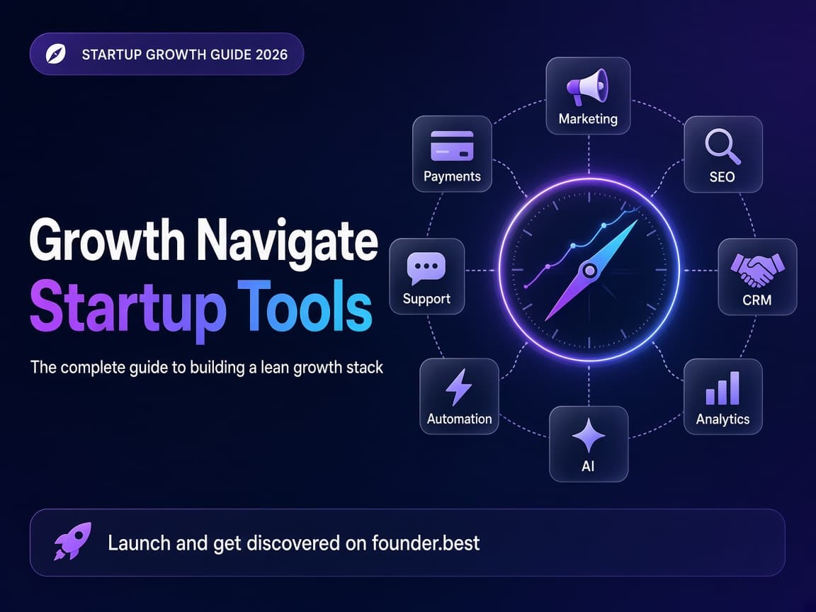 Growth navigate startup tools guide showing marketing, SEO, CRM, analytics, AI, automation, support and payments tools around a growth compass