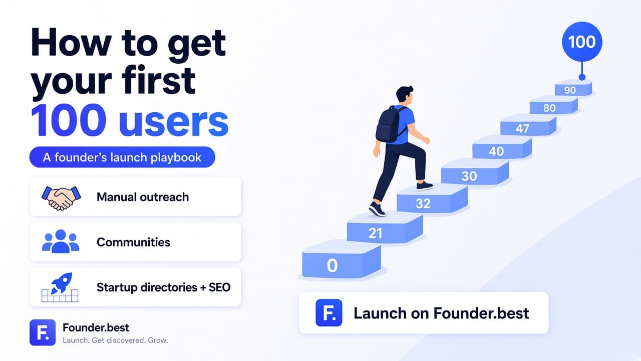 How to get your first 100 users: founder launch playbook covering outreach, communities, directories, and SEO