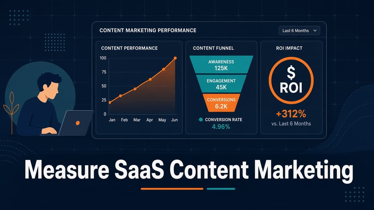 How to measure SaaS content marketing—dashboard with traffic, funnel, and ROI metrics for founders