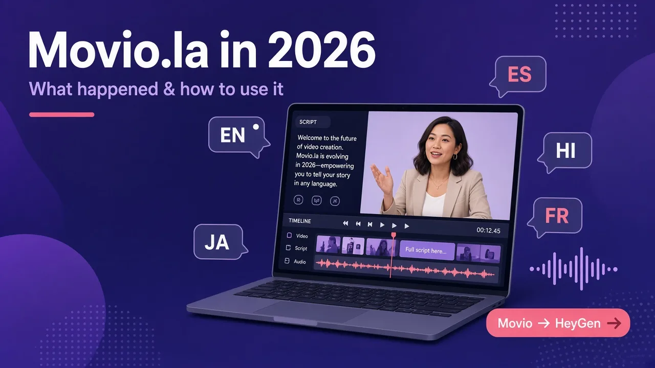 Movio.la in 2026 - AI avatar video editor showing a presenter, script panel, and multi-language support after the Movio to HeyGen rebrand