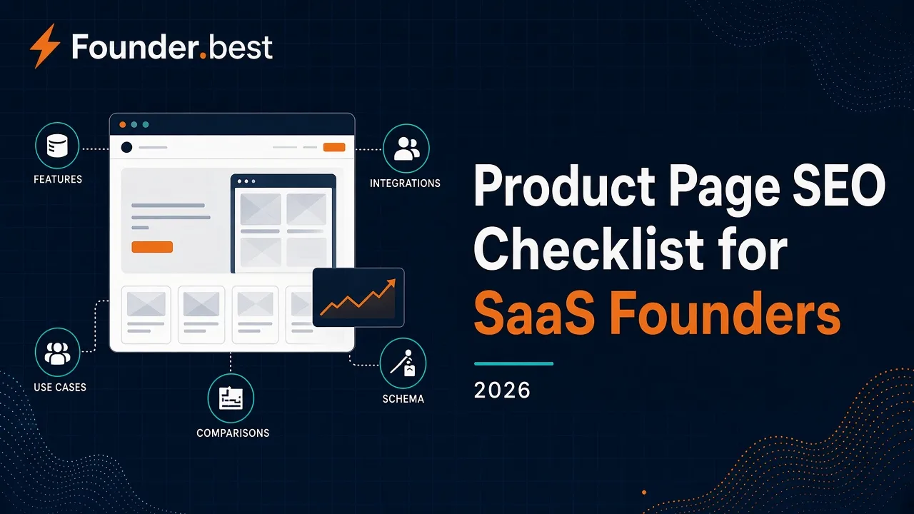 Product page SEO checklist for SaaS founders in 2026 - product page wireframe connected to feature, integration, use-case, comparison, and schema pages