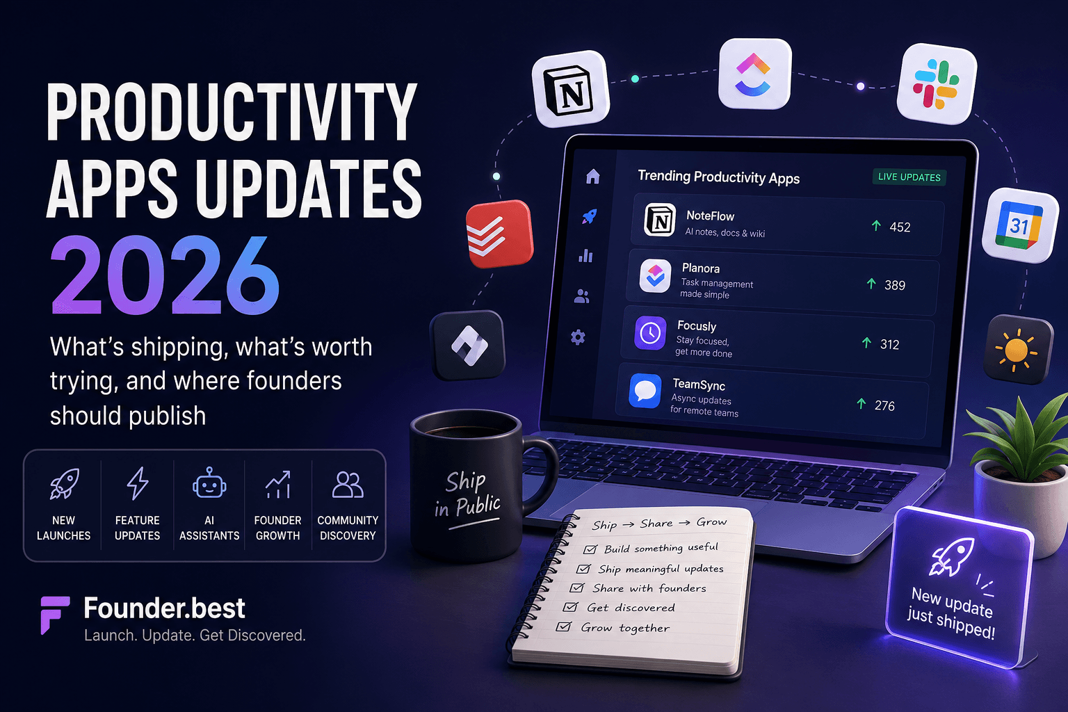 Productivity apps updates 2026 - new launches and feature updates shown on a founder discovery feed