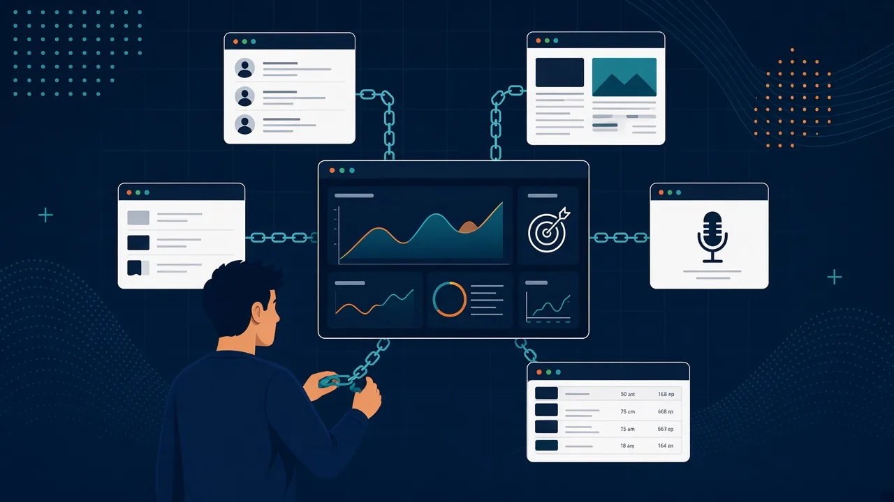 SaaS link building services in 2026 - founder connecting a SaaS product to directories, integration marketplaces, publications, podcasts, and comparison pages with backlinks