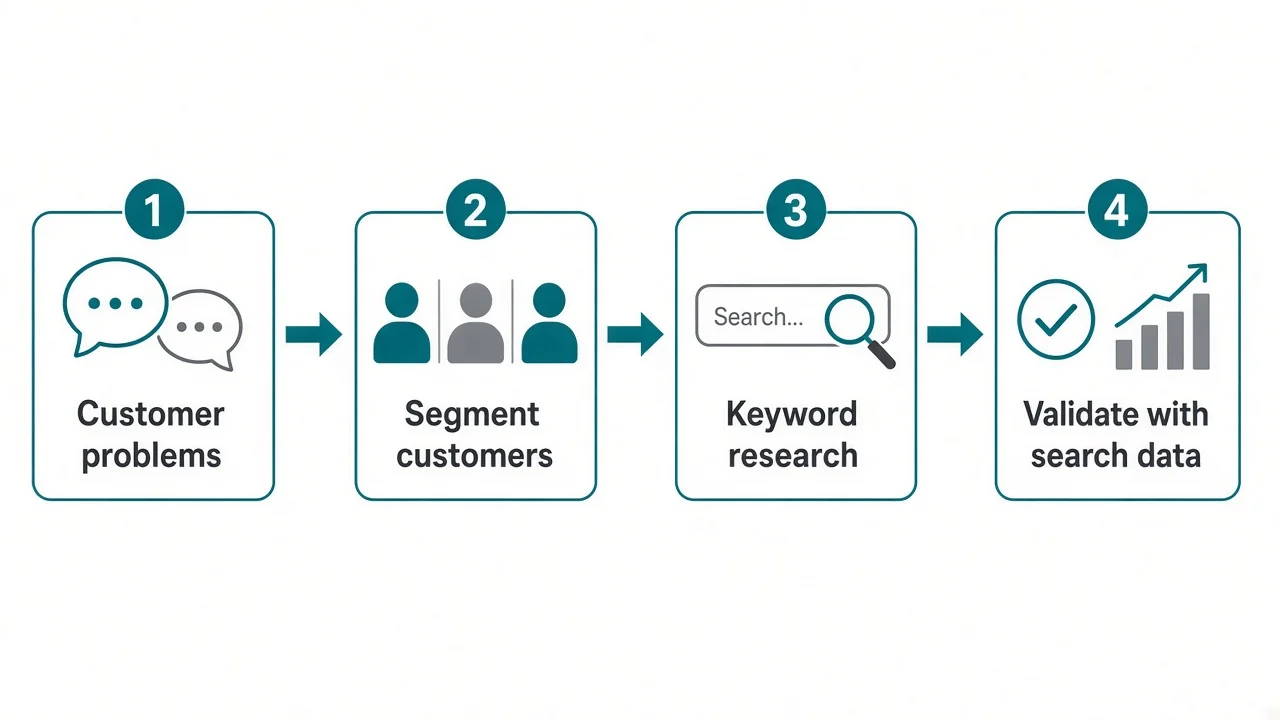 Four-step SEO audience research workflow from customer problems to validation