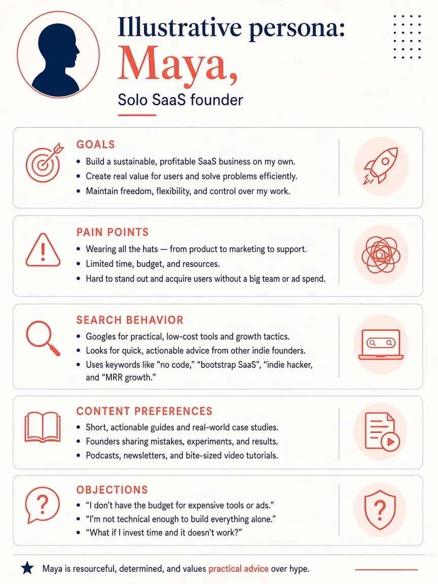 Illustrative SaaS founder SEO buyer persona card with goals and search behavior