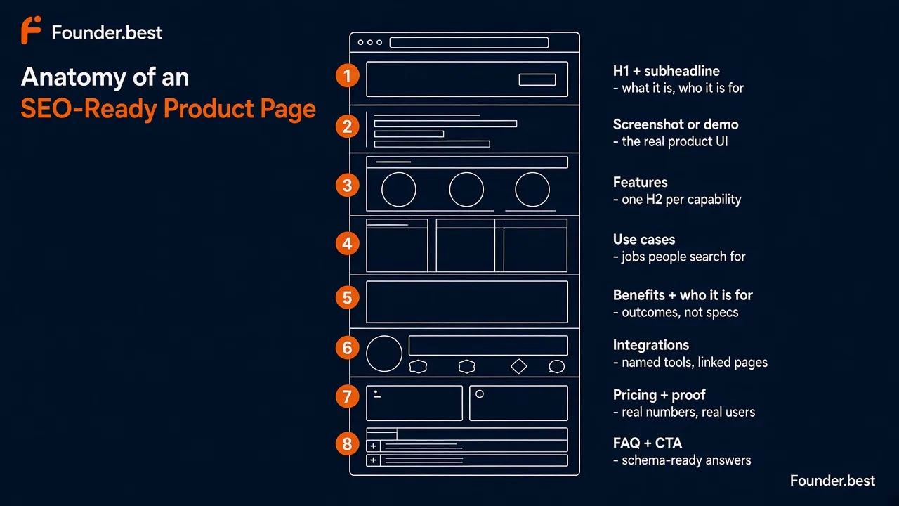 Anatomy of an SEO-ready SaaS product page - H1, demo, features, use cases, benefits, integrations, pricing and proof, FAQ and CTA
