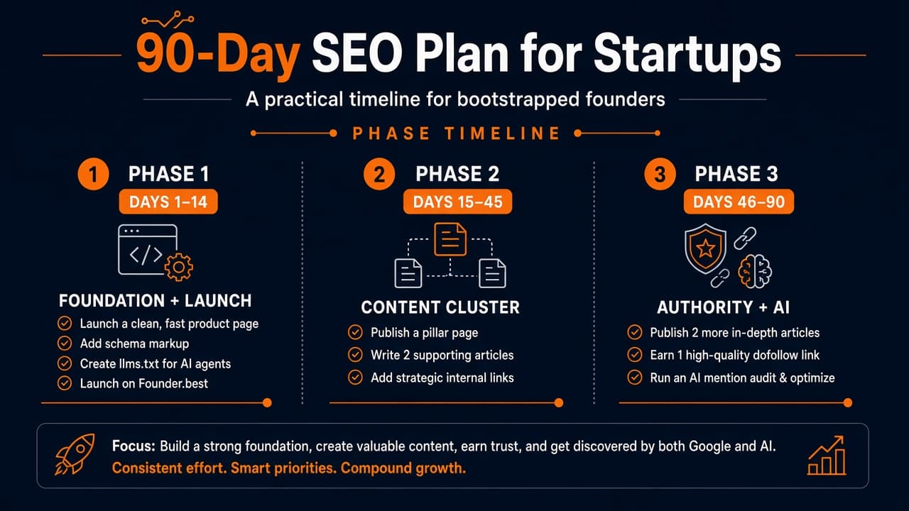90-day SEO plan for startups - foundation, content cluster, authority phases