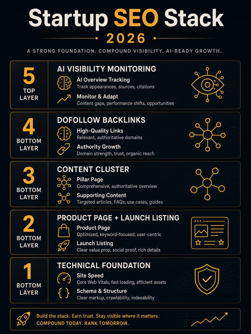 Startup SEO stack 2026 - technical, product page, content, backlinks, AI visibility