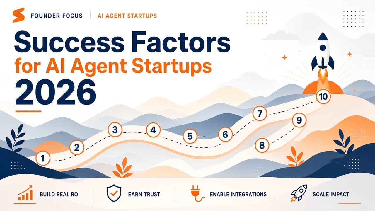 Ten success factors for AI agent startups in 2026 shown as a founder roadmap from problem selection to trust and distribution