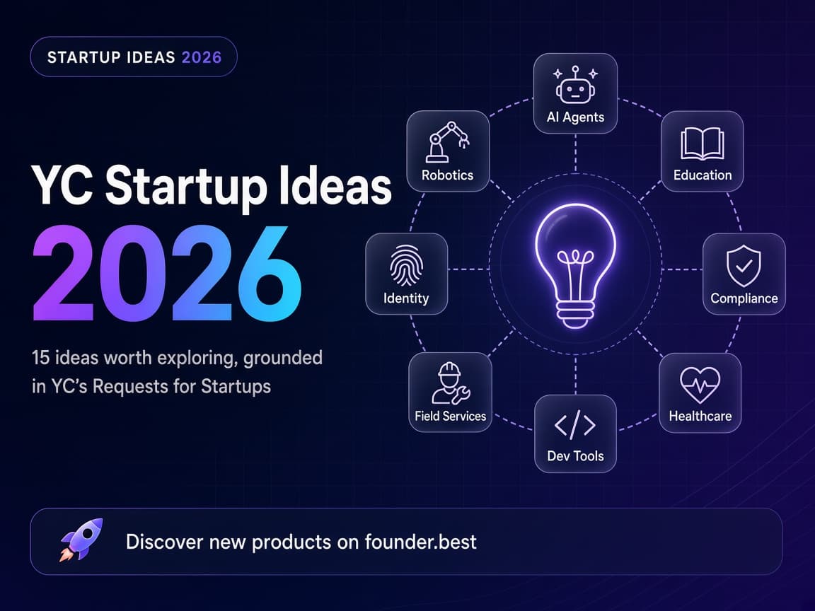 YC startup ideas 2026 cover showing AI agents, education, compliance, healthcare, dev tools, field services, identity and robotics around a lightbulb