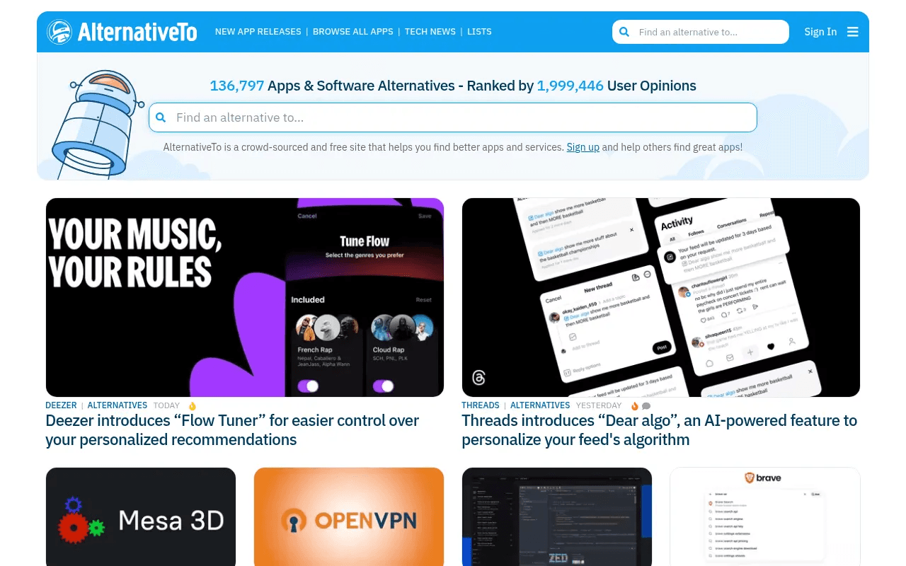 AlternativeTo software alternatives listing