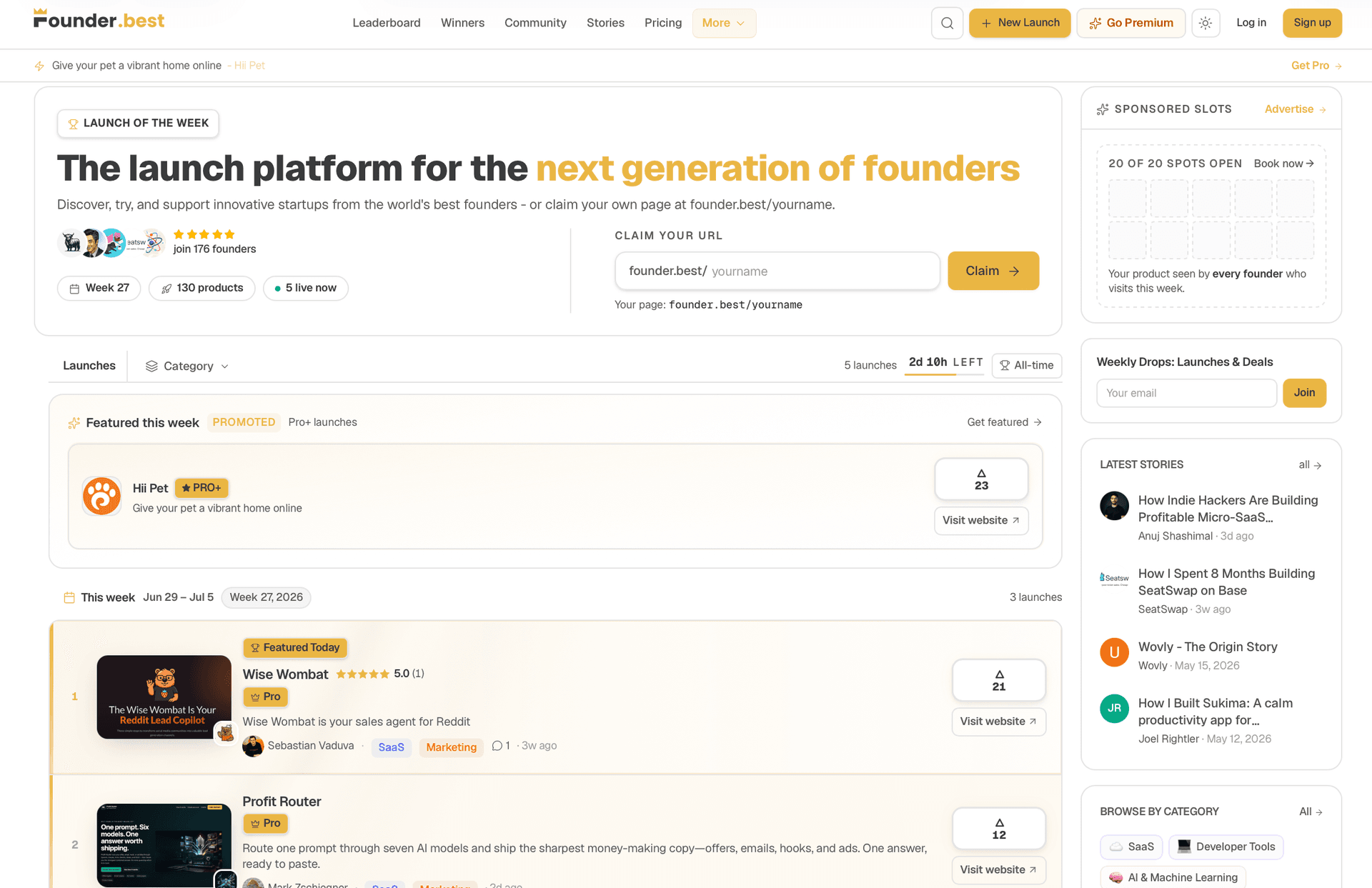 Founder.best homepage weekly launch leaderboard