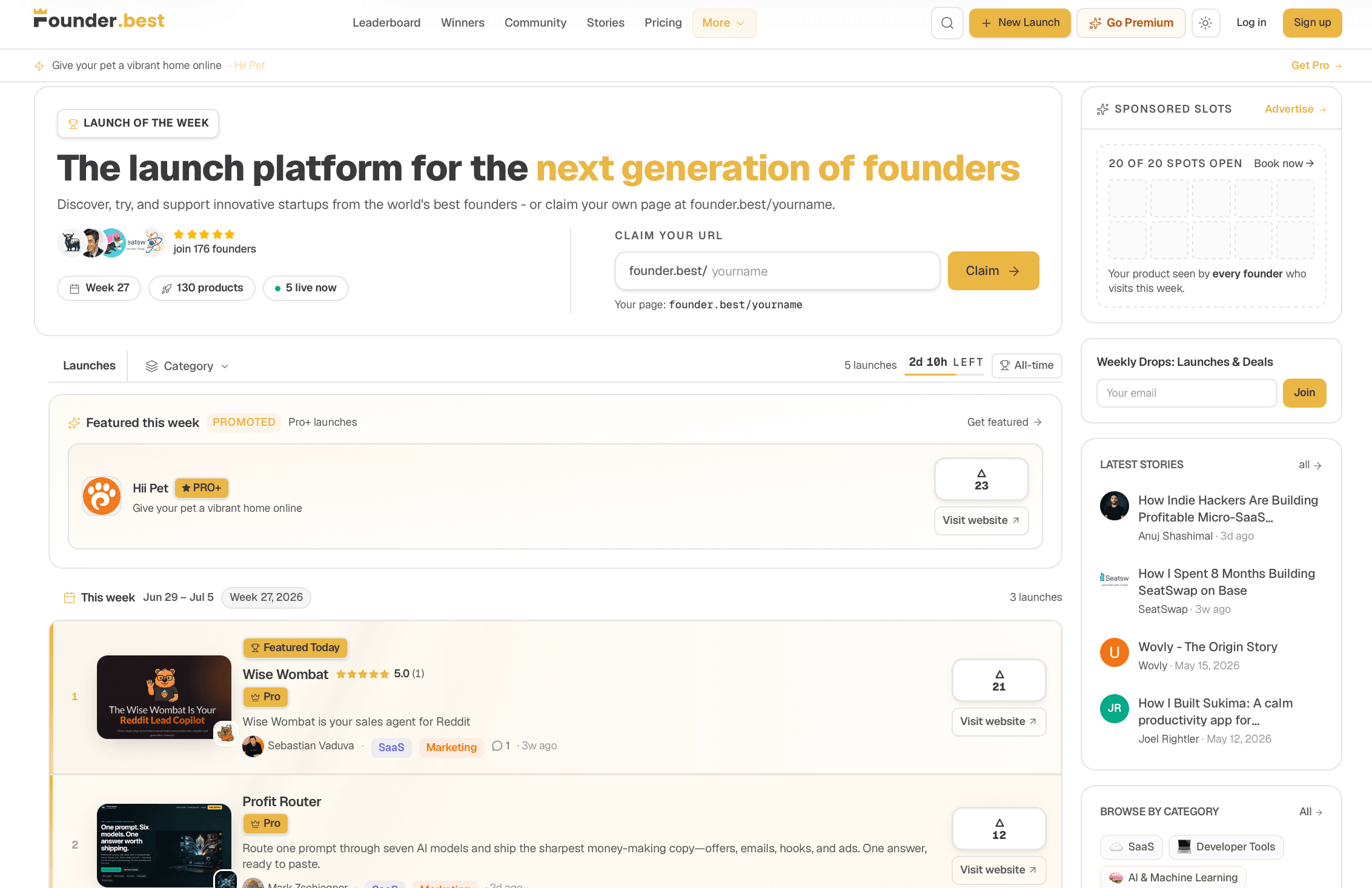 Founder.best homepage weekly launch leaderboard