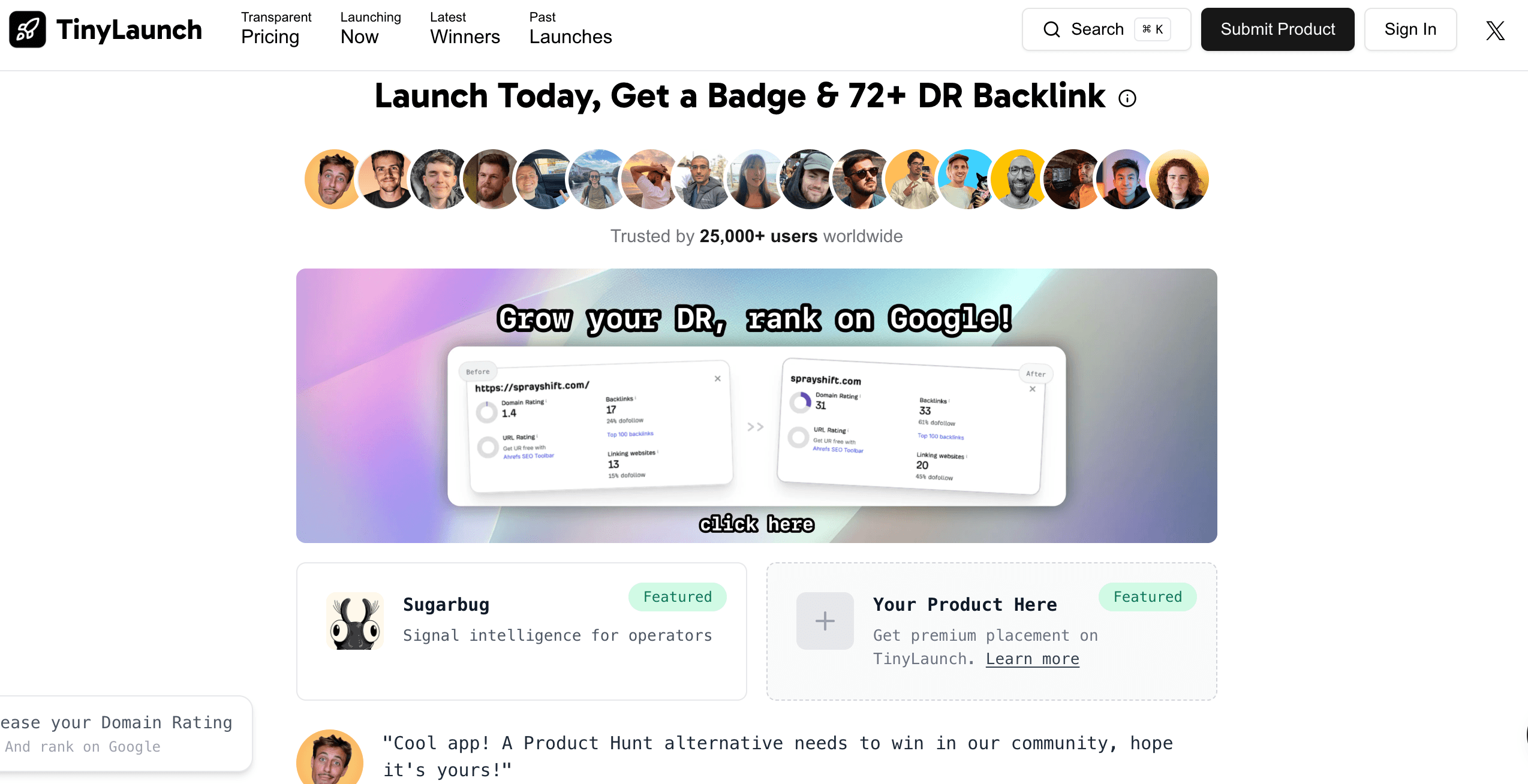 TinyLaunch indie launch board homepage