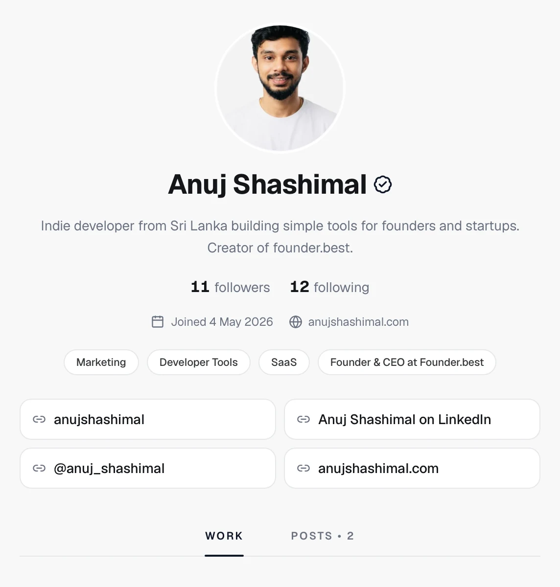 A Founder.best founder profile with avatar, bio, follower counts, tags, and social links