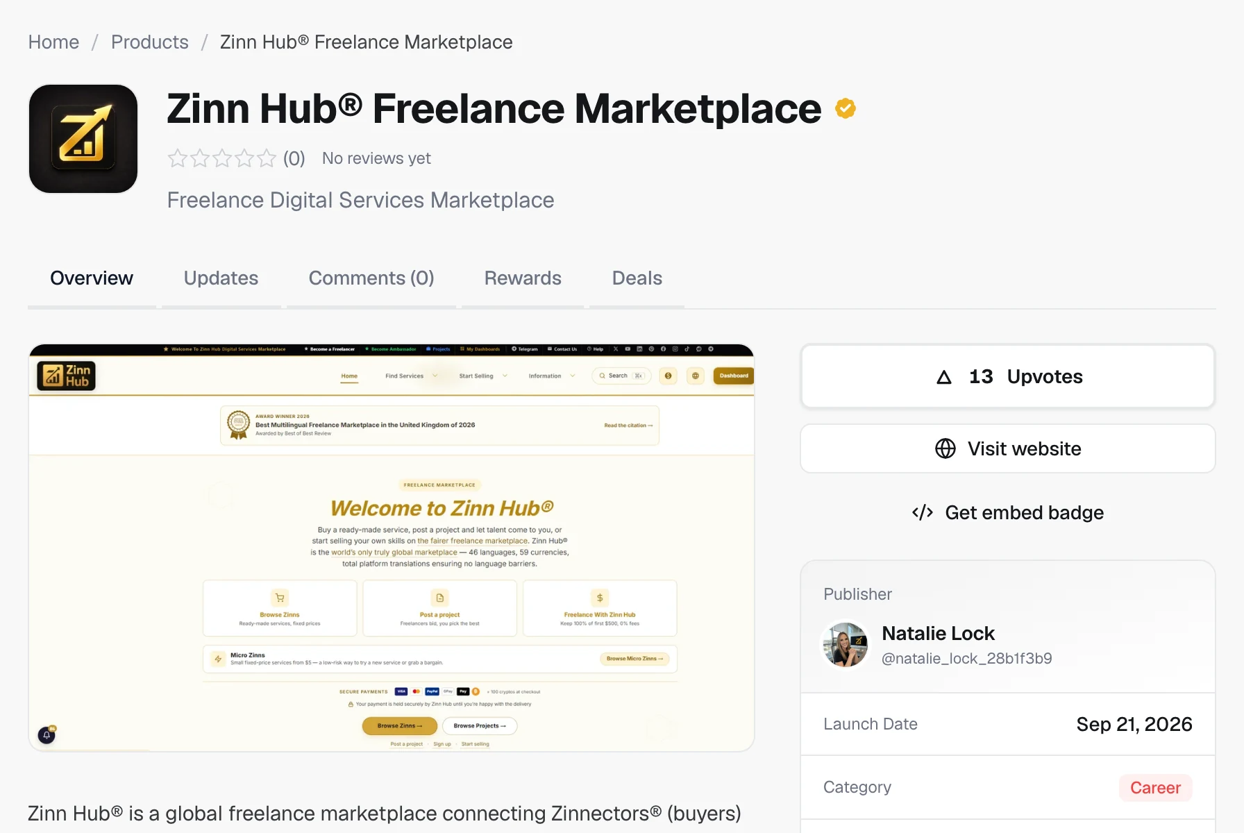 A permanent Founder.best product page with upvote button, Visit website link, and embed badge
