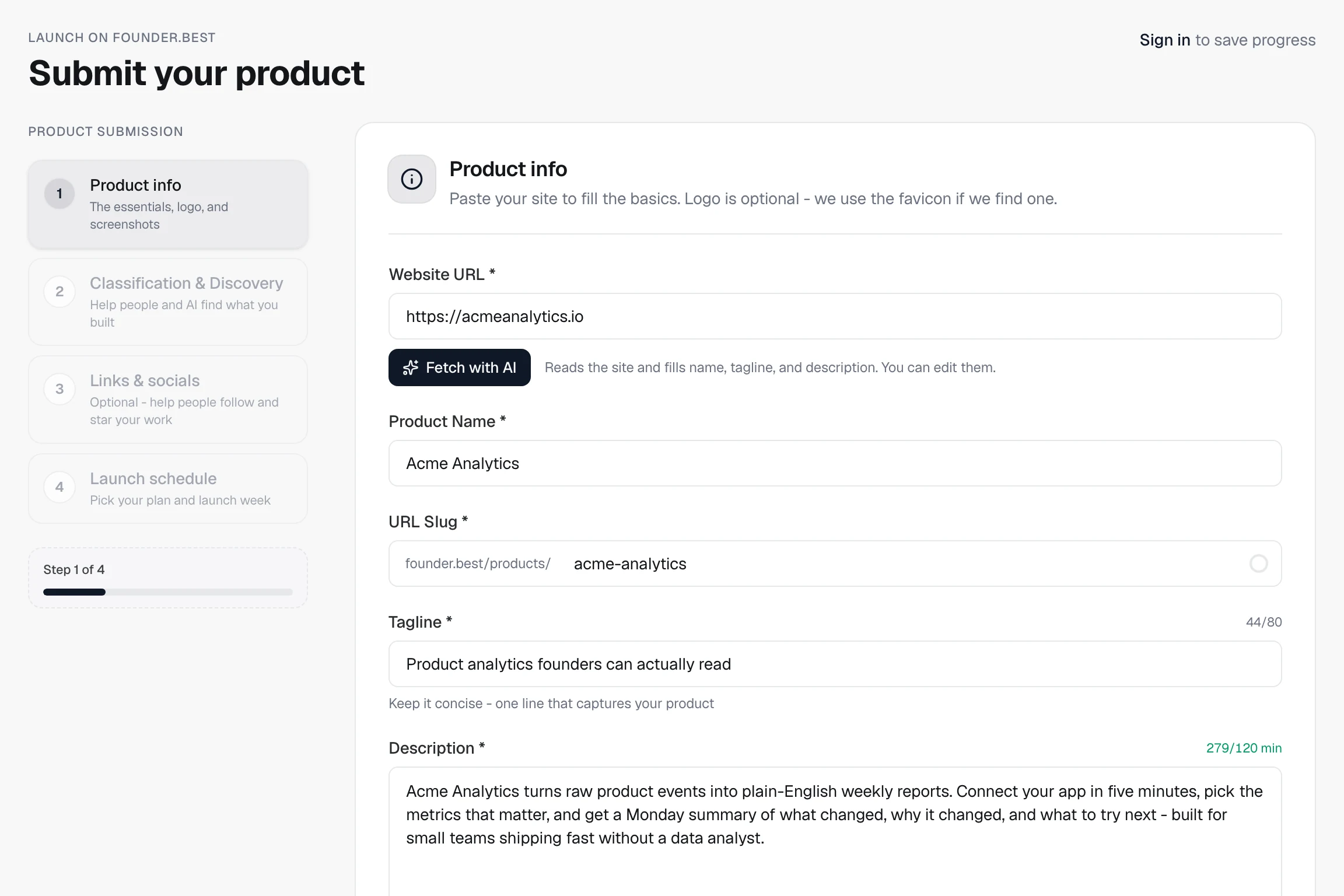 The Founder.best submit form with website URL, product name, tagline, and description filled in