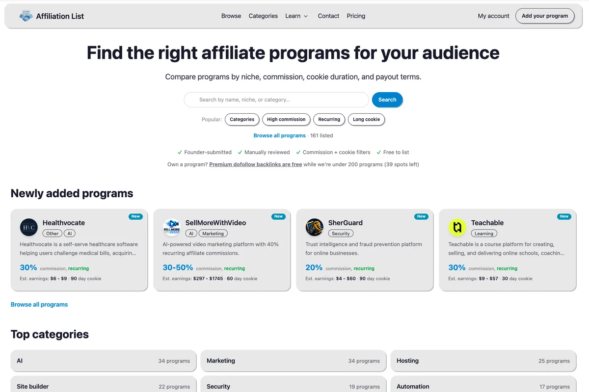 Affiliation List screenshot 2