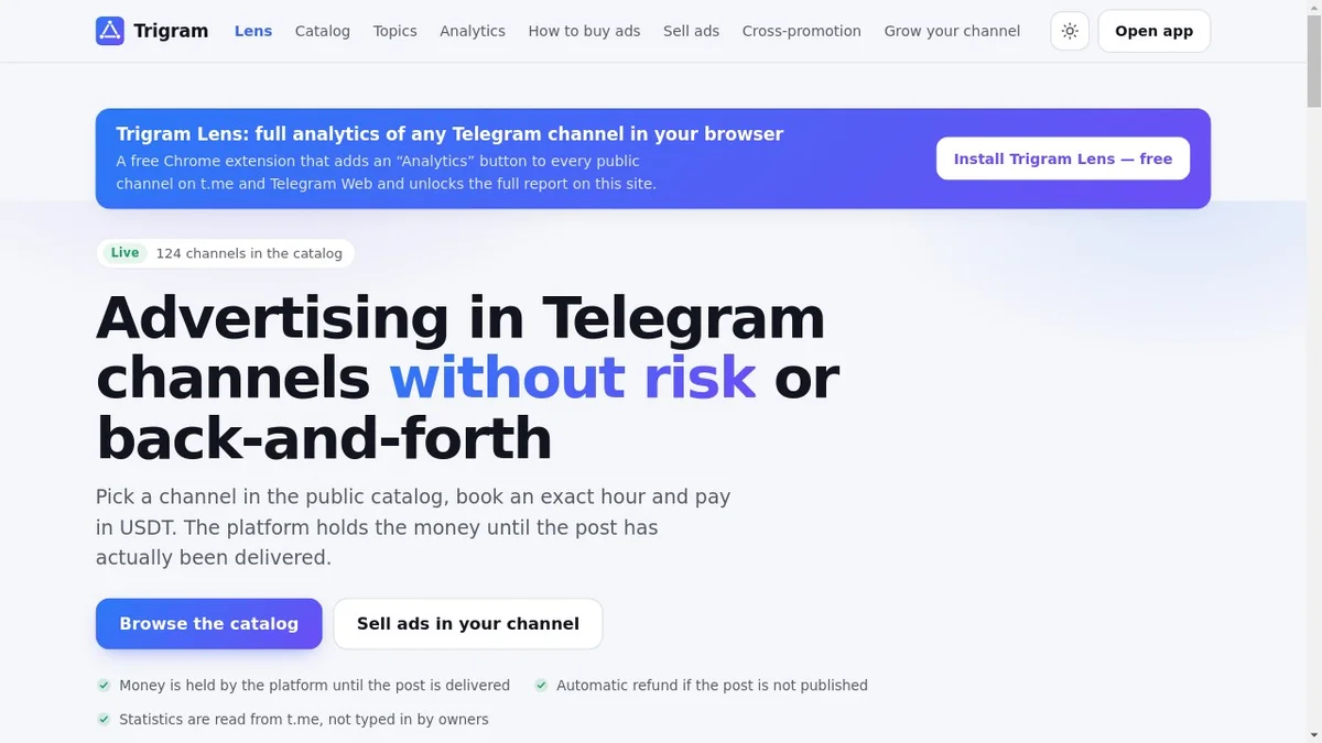 Trigram - Native ads in Telegram channels: book an exact hour, pay in USDT