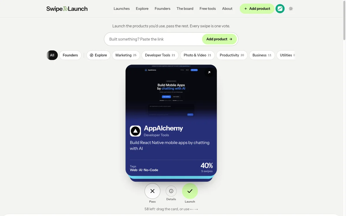 SwipeToLaunch - Tinder-style launch directory for startups and apps