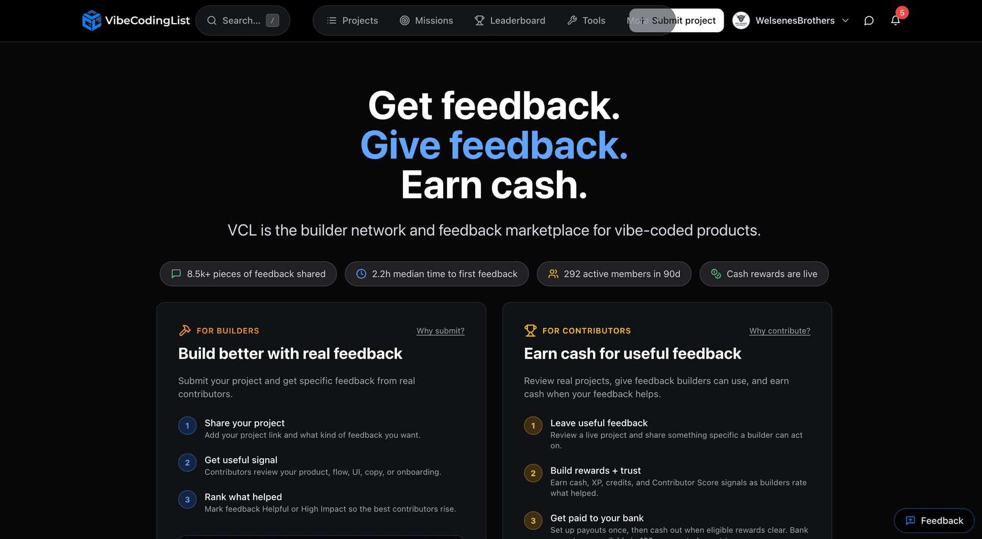 VibeCodingList - Get feedback. Give feedback. Earn rewards.