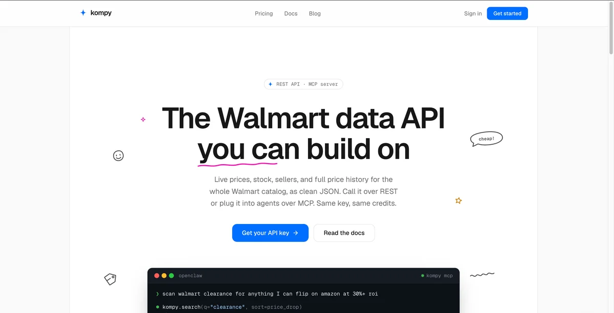 Kompy - Walmart product, price history, stock, seller, and review data as clean JSON. REST API and MCP server built for developers and AI agents.