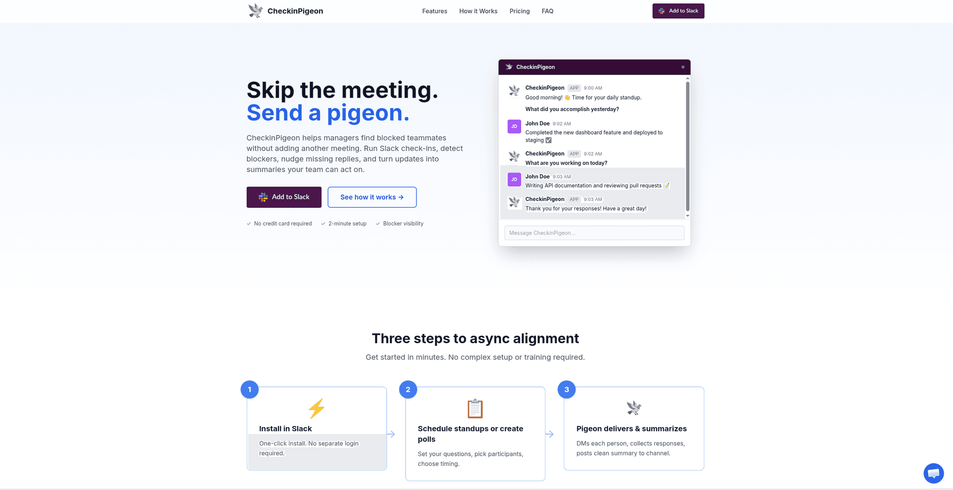 CheckinPigeon - Async standups, polls, AI summaries for Slack.