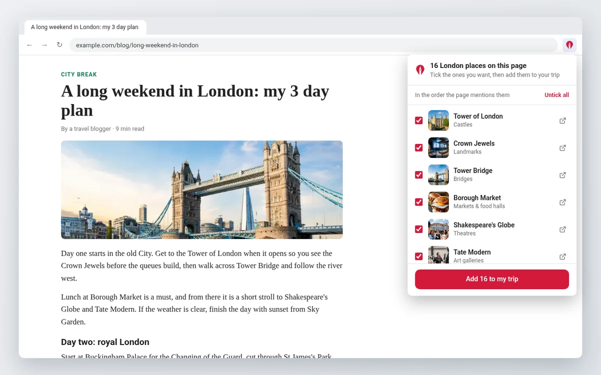 London Tourist Map: Map this page - Map the London places on any web page in one click
