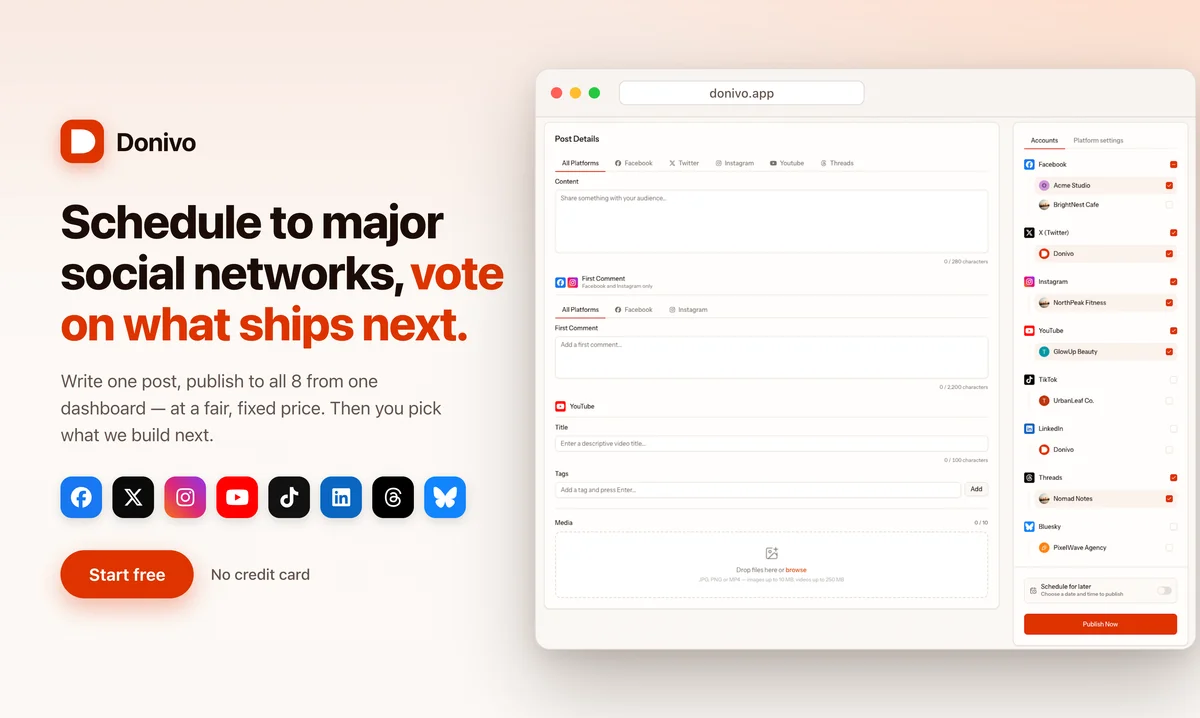 Donivo - Schedule to major social networks, vote on what ships next