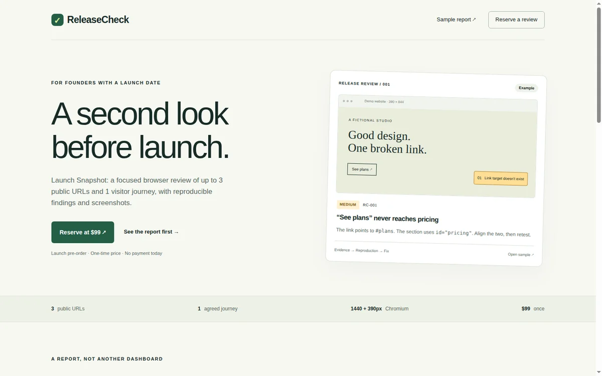 ReleaseCheck - $99 public website launch QA on desktop and mobile