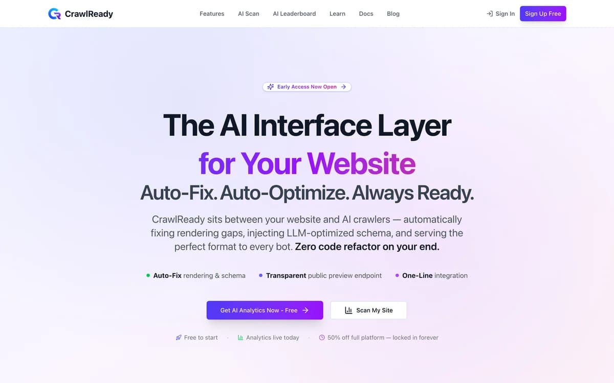 CrawlReady - The AI interface layer between your site and AI crawlers