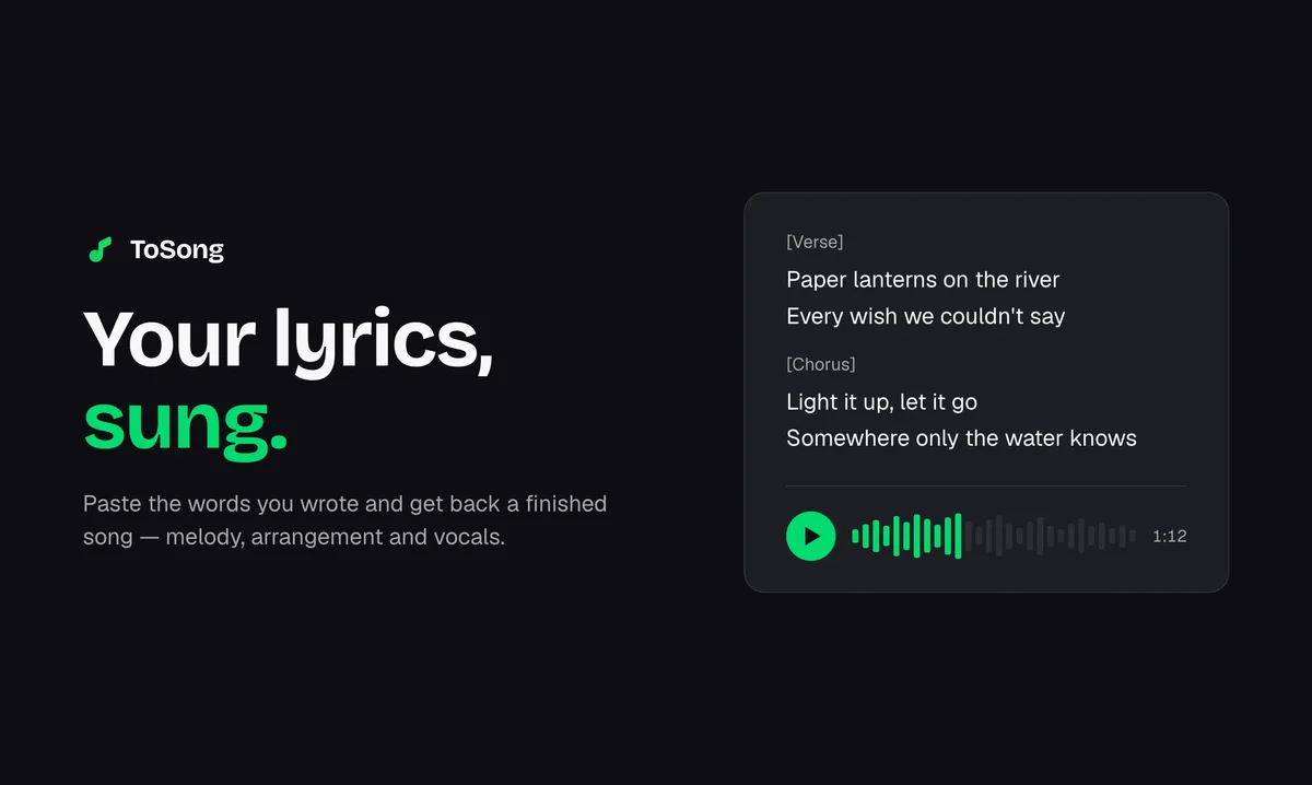 ToSong - Paste your lyrics, pick a style, get a finished song