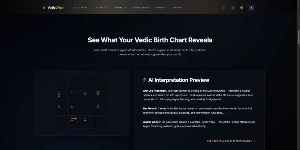 Vedic Astrology Chart - Sidereal birth chart calculator with optional AI interpretations
