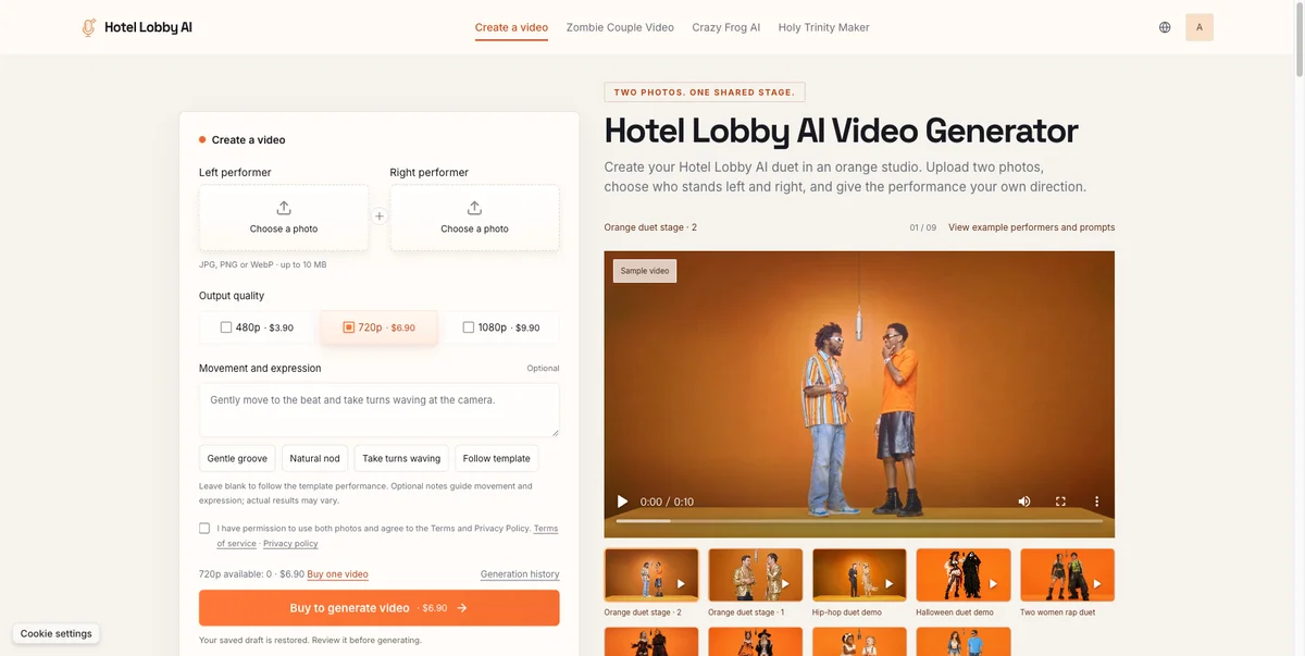 Hotel Lobby AI - Turn two portrait photos into a template duet video