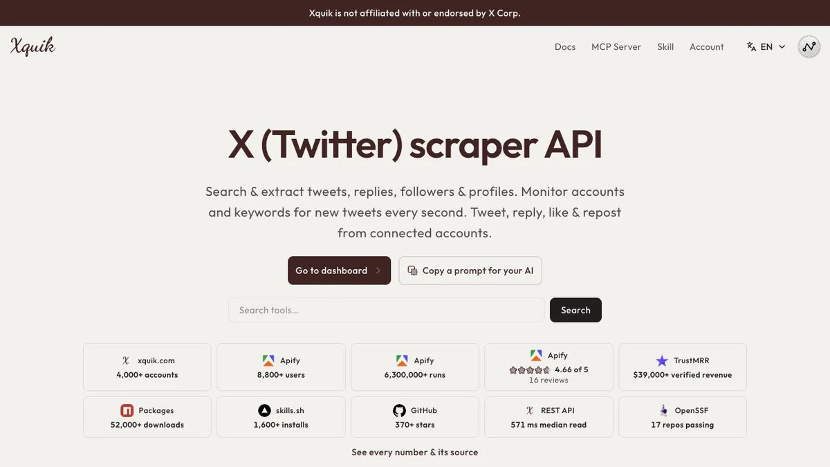Xquik - X Twitter data through REST, MCP & SDKs.