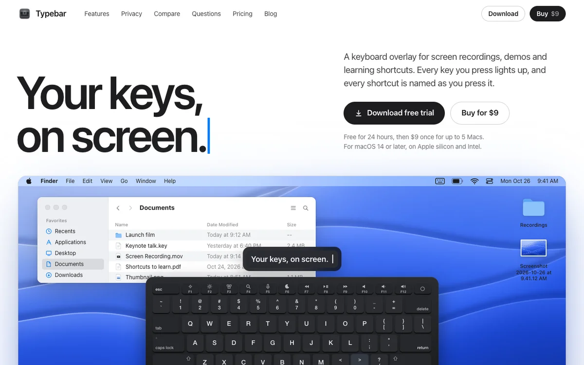 Typebar - A keyboard overlay for screen recordings on your Mac