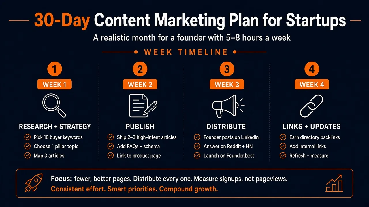 30-day content marketing plan for startups - research, publish, distribute, links and updates