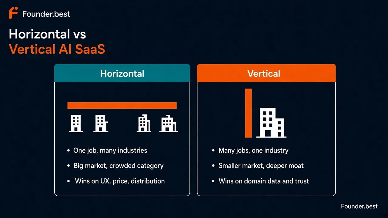Horizontal vs vertical AI SaaS - horizontal does one job across many industries, vertical does many jobs for one industry