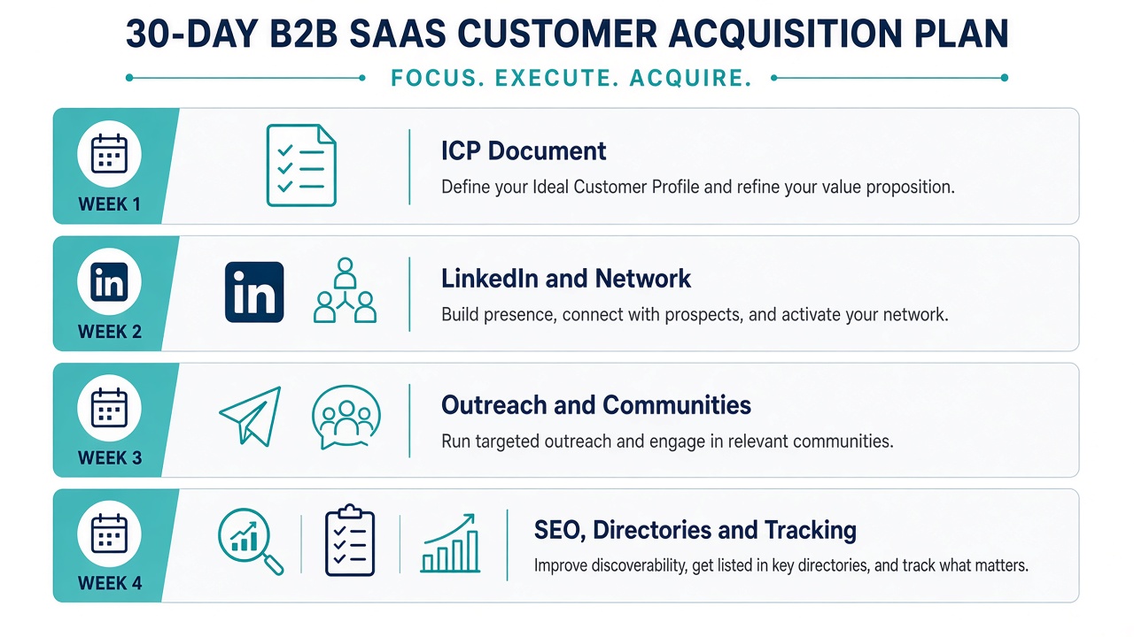 30-day B2B SaaS customer acquisition plan - ICP, network, outreach, SEO, directories, tracking