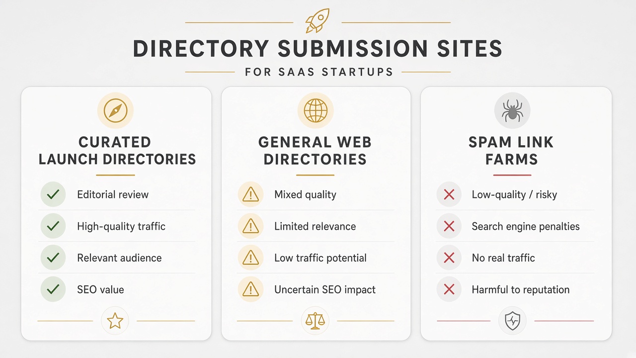 Three types of directory submission sites - curated launch directories vs general web directories vs spam link farms