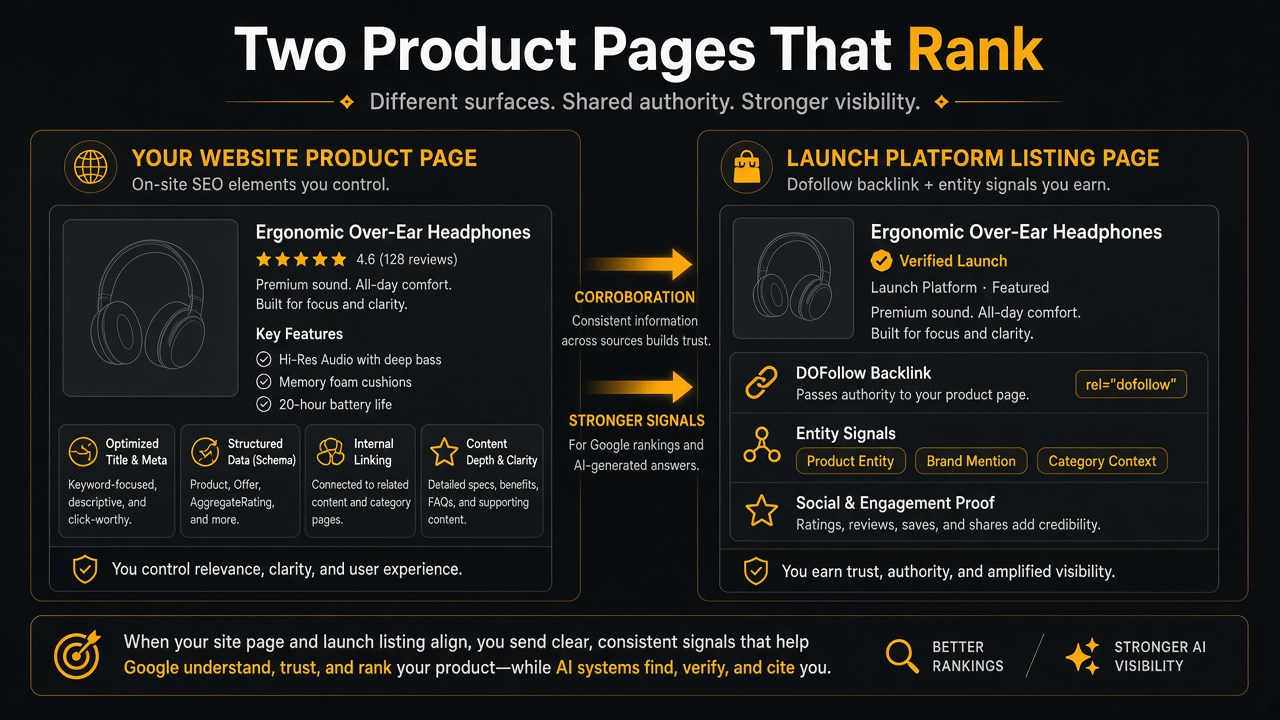 Two product pages that rank - your website plus launch platform listing for SEO corroboration