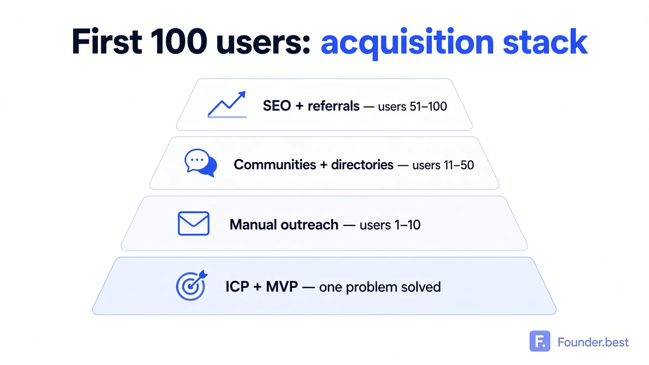 First 100 users acquisition stack: ICP, outreach, communities, directories, SEO, and referrals