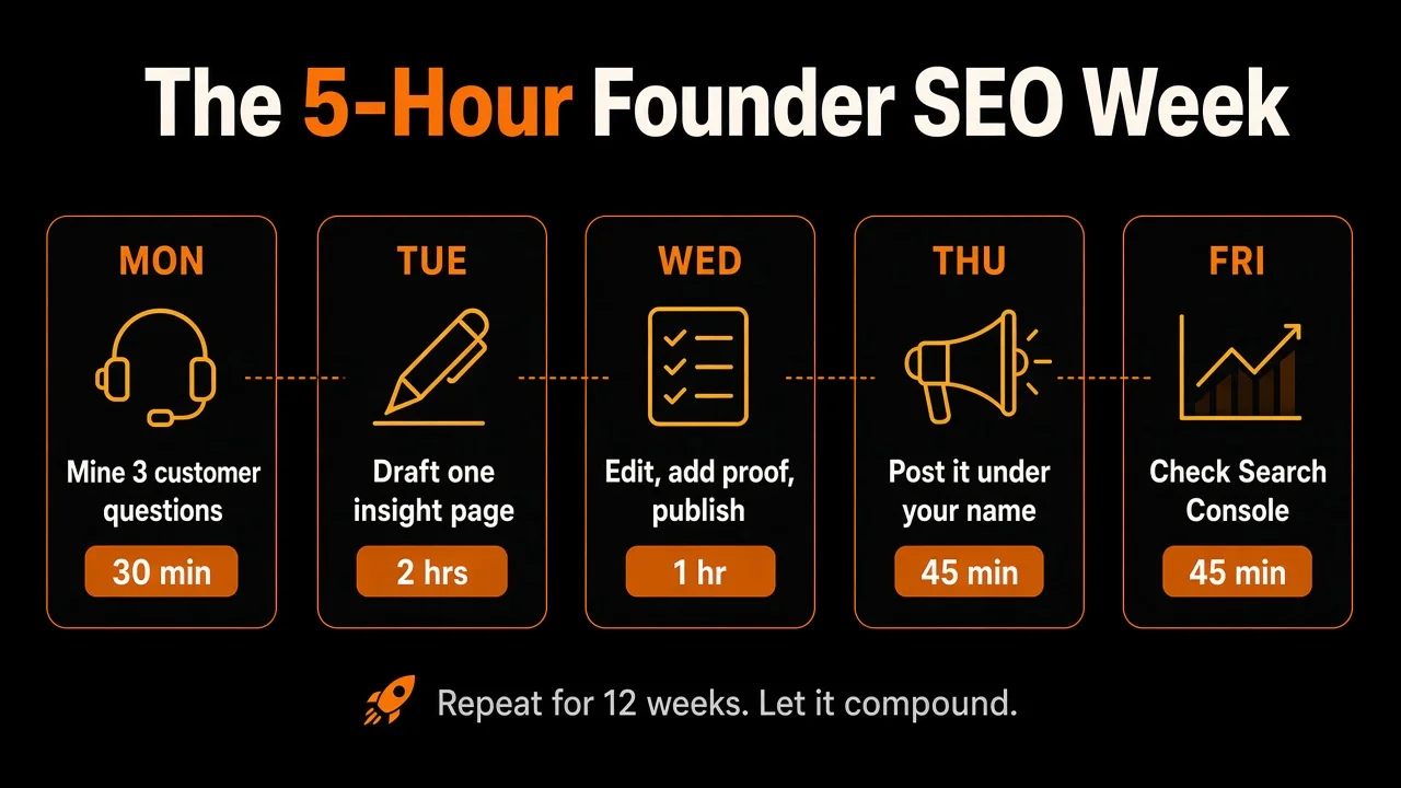 The 5-hour founder SEO week: mine questions, draft, edit, distribute, review