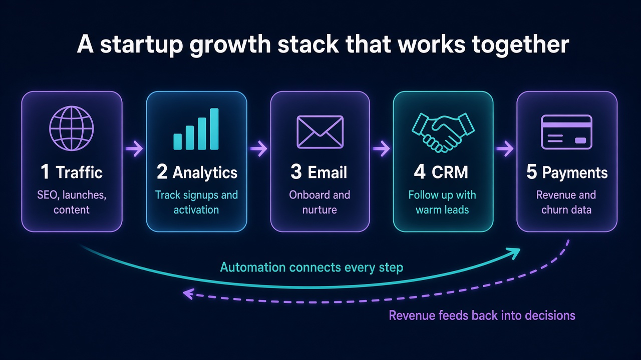 A startup growth stack that works together: traffic, analytics, email, CRM and payments connected by automation