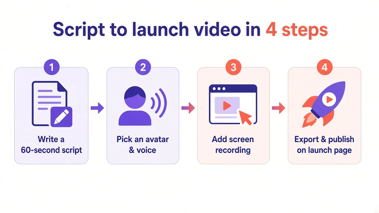 Four-step workflow for turning a script into a launch video with an AI avatar: write script, pick avatar and voice, add screen recording, export and publish