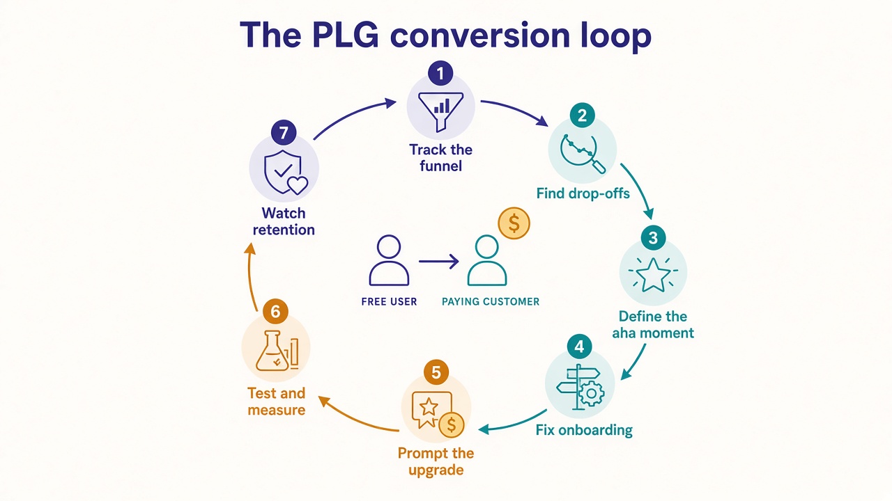 The PLG conversion loop: track the funnel, find drop-offs, define the aha moment, fix onboarding, prompt the upgrade, test and measure, and watch retention